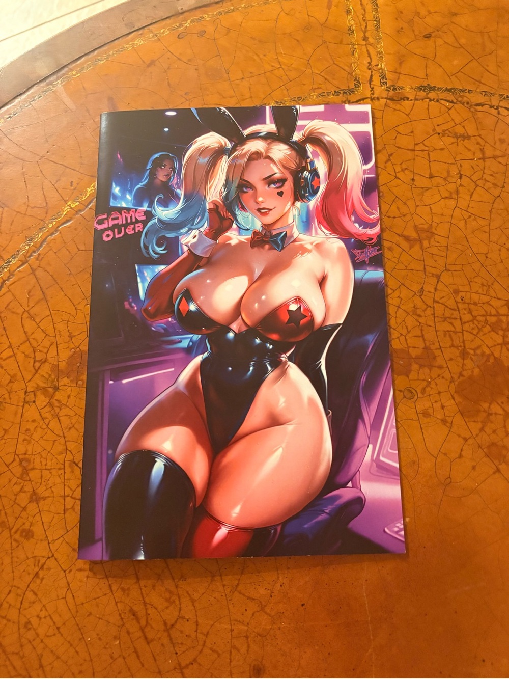 Pinup Gamer Bunny Art Print - Pink & Blue Accents